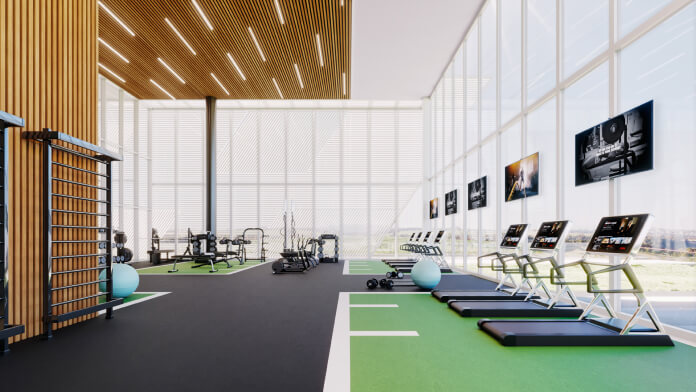 Sala da Academia mostrando o amplo espaço e qualidade dos equipamentos.
