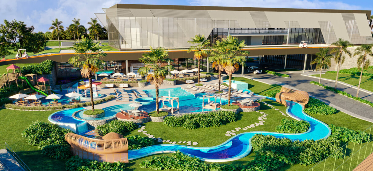 Visão externa da área das piscinas com parque aquático infantil, hidromassagem, bar, natureza e muito lazer.
